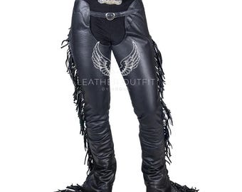 Ladies black leather Chap: mens western fringe leather cancho Chap motorcycle chap
