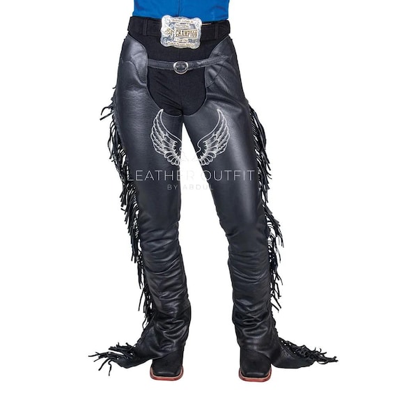 Ladies black leather Chap: mens western fringe leather cancho Chap motorcycle chap