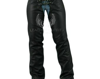 Womens black leather Chap: ladies western leather double buckle Chap