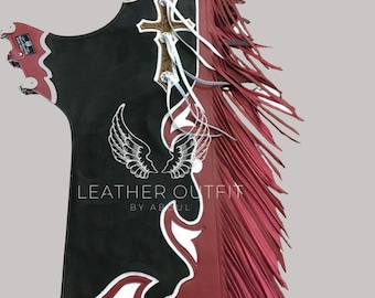 Rodeo Leather Chaps: Black Cowhide with Maroon Fringe