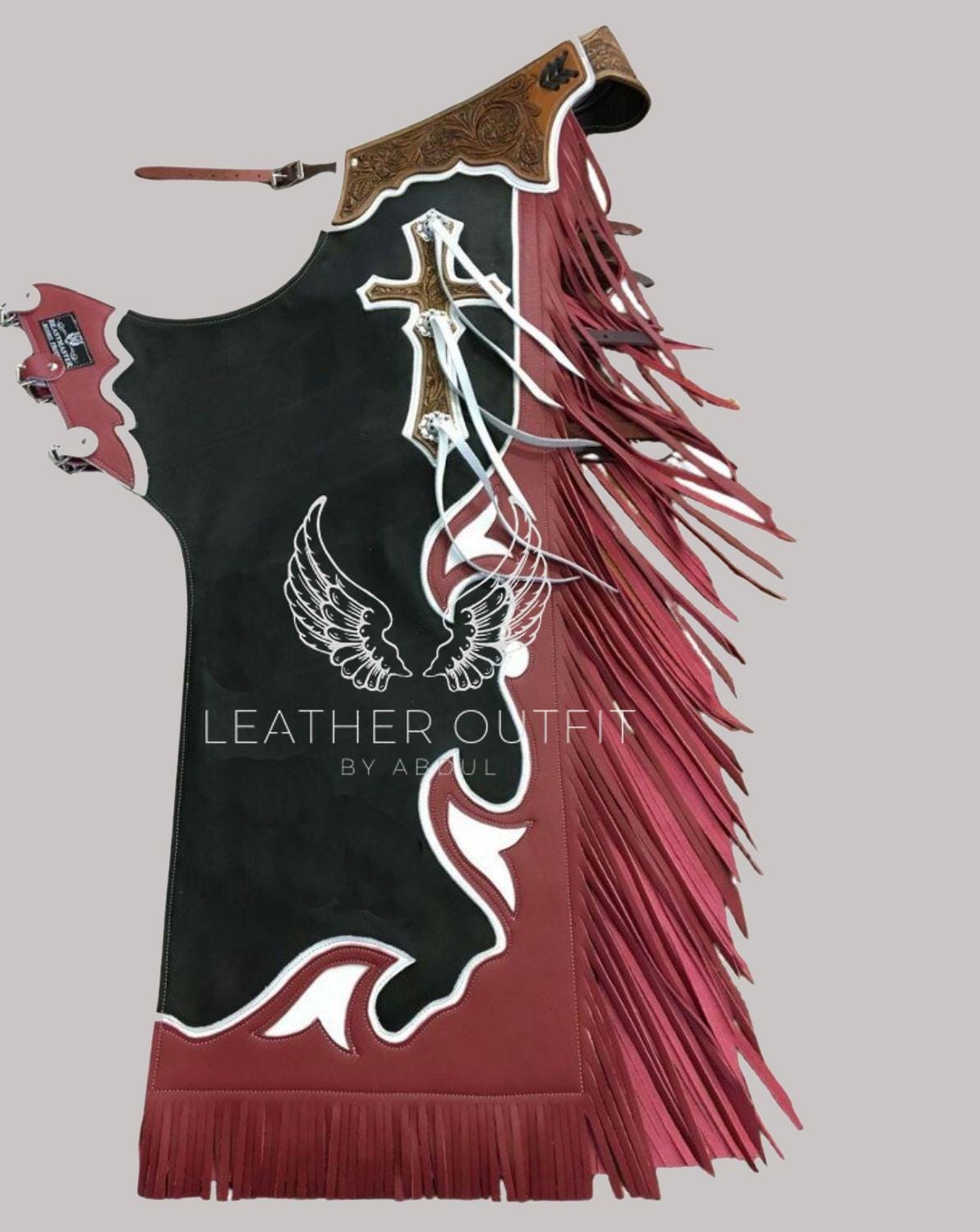 L, Marron: Chaps western en cuir vieilli avec franges