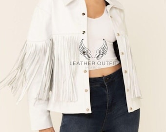 White Cowhide Leather Fringed Jacket: Western American Style coat