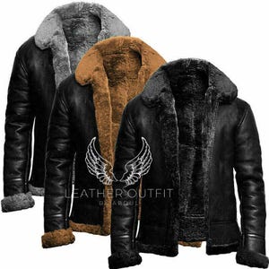 May include: Three black leather jackets with shearling lining and collars are shown. The jackets feature shearling in grey, brown, and black. Each jacket has a zip closure. The jackets are designed for cold weather, with a classic design.