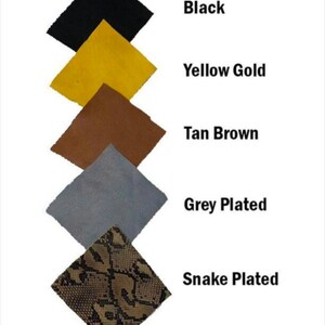 May include: A vertical display of five diamond-shaped swatches. From top to bottom, the colors are black, yellow gold, tan brown, grey plated, and snake plated. Each swatch has a corresponding text label.