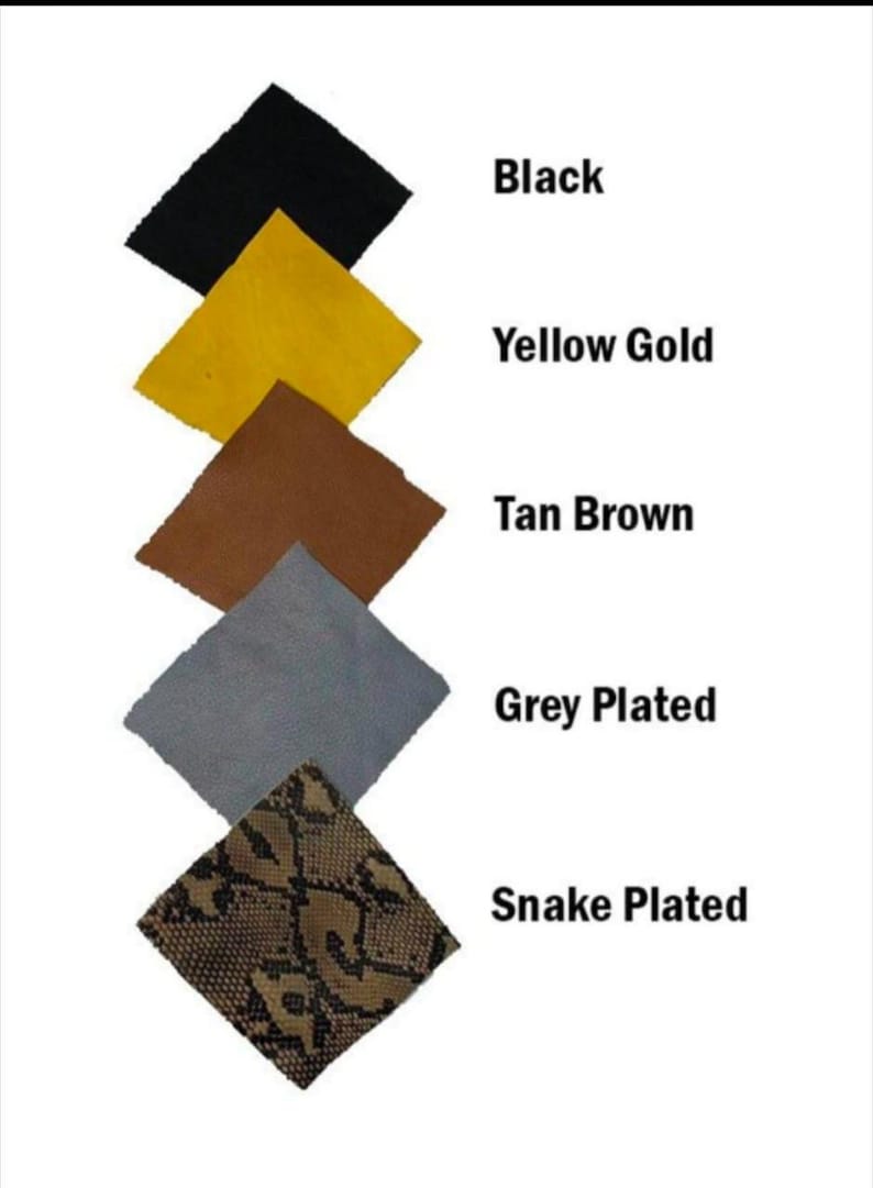 May include: A vertical display of five diamond-shaped swatches. From top to bottom, the colors are black, yellow gold, tan brown, grey plated, and snake plated. Each swatch has a corresponding text label.