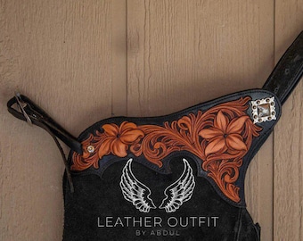 Hand Tooled Mens Suede Leather Western Chaps: Rodeo Cowboy Fringe
