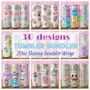 May include: A collection of 20oz skinny tumblers with various colorful designs. The tumblers feature cartoon characters and the text "LABUBU". The image also includes the text "30 designs TUMBLER BUNDLER 20oz Skinny Tumbler Wrap".
