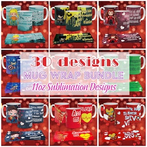 30 Diseños Para Tazas De Cute Super Héroes Enamorados, Cup Wrap Designs , Template for 11oz Mugs, San Valentin Mug Wrapper. Love Mug Wrap