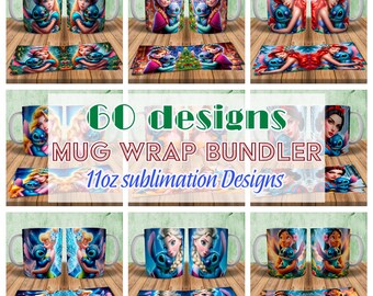 60 Pack Princess Y Stitch Cup Wrappers, Cute Princess Y Stitch Cup Wrap Designs JPG, Template for 11oz Cups, Princess Y Stitch Wrapper