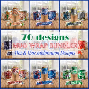 Puede incluir: Conjunto de tazas de cerámica blanca con diseños de superhéroes, como Aquaman, Capitán América, Batman, Superman, Iron Man y Hulk. La imagen también muestra el texto "70 designs MUG WRAP BUNDLE 11oz & 15oz sublimation Designs."