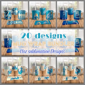 Pode incluir: Uma coleção de canecas de design de sublimação de 11oz com vários designs de super-heróis. As canecas são azuis e brancas com ilustrações de personagens. A imagem também inclui embalagens de design correspondentes. O texto na imagem diz "20 designs MUG WRAP BUNDLER 11oz sublimation Designs."