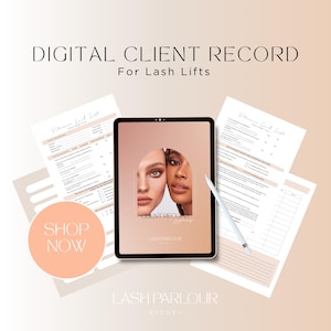 Peut inclure: Un enregistrement numérique de clients pour les rehaussements de cils, affiché sur une tablette avec un fond pêche. La tablette présente une photo de deux femmes et le texte "Client Record". Plusieurs feuilles de papier avec des informations sur les clients sont également visibles. Le texte "Shop Now" est également présent.