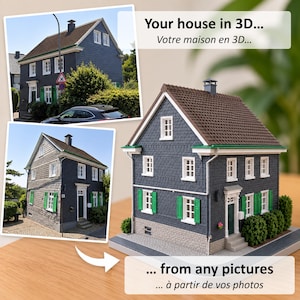 May include: A 3D model of a two-story house with dark gray slate-style siding, a brown roof, and bright green shutters. The model includes white window frames, a dark green front door, and miniature green bushes. Text reads: Your house in 3D... from any pictures.