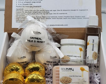 Luxury Spa Kit Oatmeal, Milk & Honey - 3 XL Bath Fizzies, 3 Shower Steamers, 1 3.5 oz Whipped Soap Scrub, 1 Luxury Soap, 1 Shower Gel