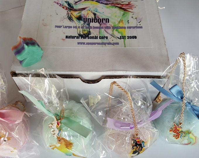 Unicorn Bath Bomb Gift for Girls with 4 XL Bath bombs each with a Surprise Necklace Inside (Unicorn) USA made, Natural, Organic,Unicorn Soap