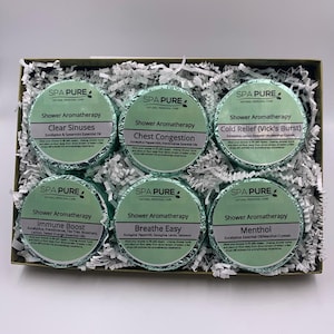 Gift Set with 6 Aromatherapy Shower Tablets - Eucalyptus - 100% Essential Oil Blends - foil wrapped 4 oz each, perfect gift!!