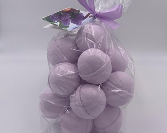 14 bath bombs in French Lilac fragrance, gift bag bath fizzies, great for dry skin, shea, cocoa, 7 ultra rich oils