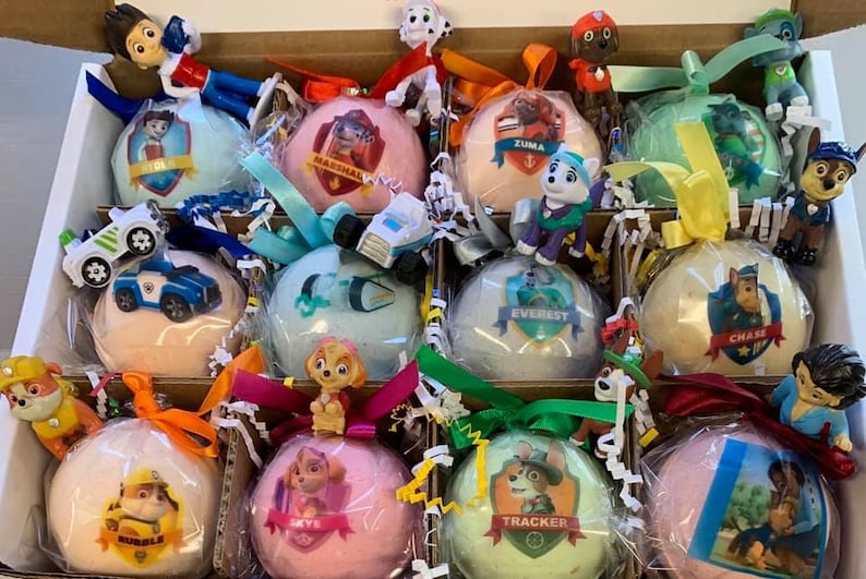 12 XL Bath Bomb Fizzies with surprise Paw Patrol figure inside, handmade, natural ingredients, fruity, kid-friendly scents image 2