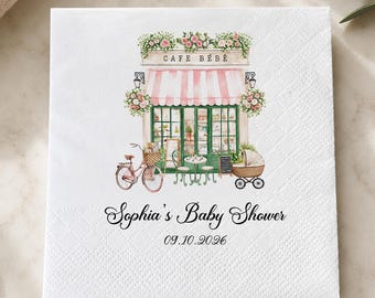 Personalized Café Bébé Baby Shower Napkins, Custom Pink Café Baby Shower Napkins, Coffee Shop Baby Shower Party
