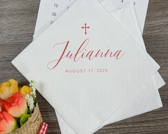 Baptism Monogram Cocktail Beverage Napkins, Personalized Baby Baptism Napkins, Cross Disposable Paper Luncheon Napkin, Table decor