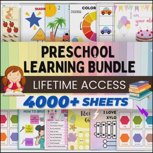 Può includere: Una raccolta di schede didattiche per bambini in età prescolare. L'immagine presenta schede colorate con vari temi di apprendimento, tra cui forme, colori e conteggio. Il testo sull'immagine dice "Preschool Learning Bundle" e "4000+ Sheets".