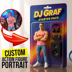 May include: A custom action figure portrait of a person with a DJ Graf starter pack. The figure is wearing a red and white shirt, blue jeans, and has a microphone in their hand. The starter pack includes a pair of headphones, a mixer, and a speaker.
