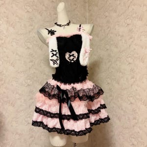 Coquette Y2K Two Piece Set, Black Corset Top and Pink Lace Ruffle Mini Skirt, Harajuku Kawaii Outfit