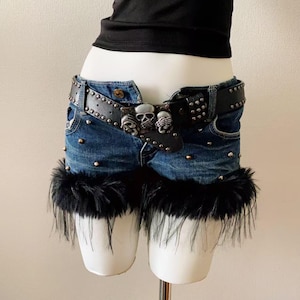 Fur Belted Distressed Wide Shorts ショーツ Denim Shorts With Fur - Etsy
