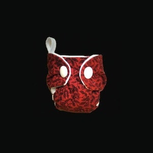 May include: A red cloth diaper with a leaf pattern and white trim. The diaper has two white snaps and a white loop. The diaper is designed for babies and toddlers.
