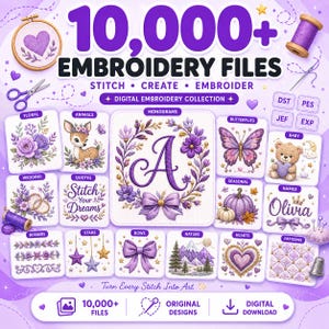 May include: A digital collection of 10,000+ embroidery files featuring purple-themed designs including monograms, animals, floral patterns, butterflies, and seasonal motifs. The graphic displays various embroidery examples, sewing tools, and file formats.