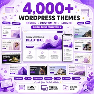 Op de afbeelding: Een digitale collectie van 4.000+ WordPress-thema's met paarse en witte afbeeldingen. Het display toont diverse website-lay-outs voor zakelijke, portfolio-, bureau- en winkelcategorieën, met tekst waaronder Build Something Beautiful.