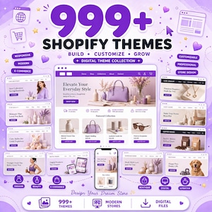Könnte beinhalten: Eine digitale Sammlung von über 999 Shopify-Themes in einem violett-weißen Farbschema. Die Grafik zeigt verschiedene Website-Interface-Layouts, mobile Ansichten und Symbole für E-Commerce, Mode, Beauty und Lifestyle-Shop-Designs.