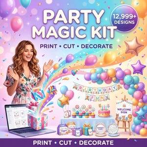 Może przedstawiać: Cyfrowy zestaw imprezowy zawierający ponad 12 999 wzorów, w tym laptop z szablonami do druku, baner BIRTHDAY FUN, tort, babeczki, pudełka na prezenty, talerzyki i tablicę powitalną, wszystko w otoczeniu kolorowych balonów.