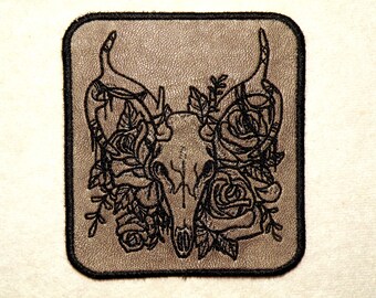 Deer Skull & Roses Iron On Patch: Gold Cowhide Leather Applique