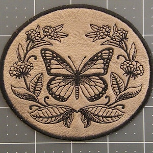 Monarch and Milkweed on Cowhide Leather Iron on Patch 4.25&quot; x 3.9&quot;