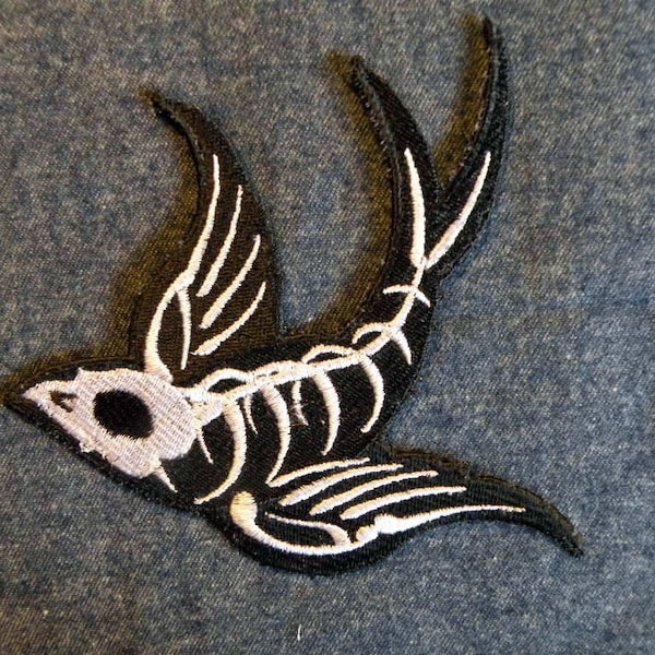 Swallow Skeleton (mirrored) iron on Patch 5.35" x 5.07".