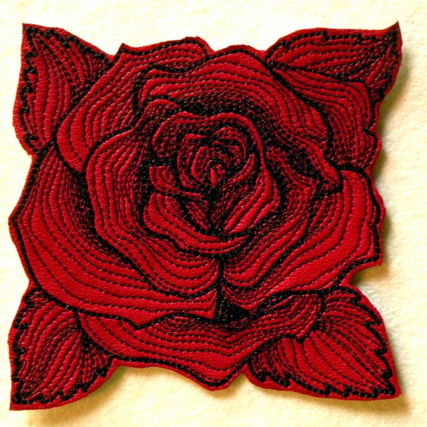 Cowhide Leather Engraved Rose Iron on Patch-NEW COLORS 4"