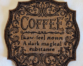 Coffee Iron on Patch on Cowhide Leather 4" x 4"