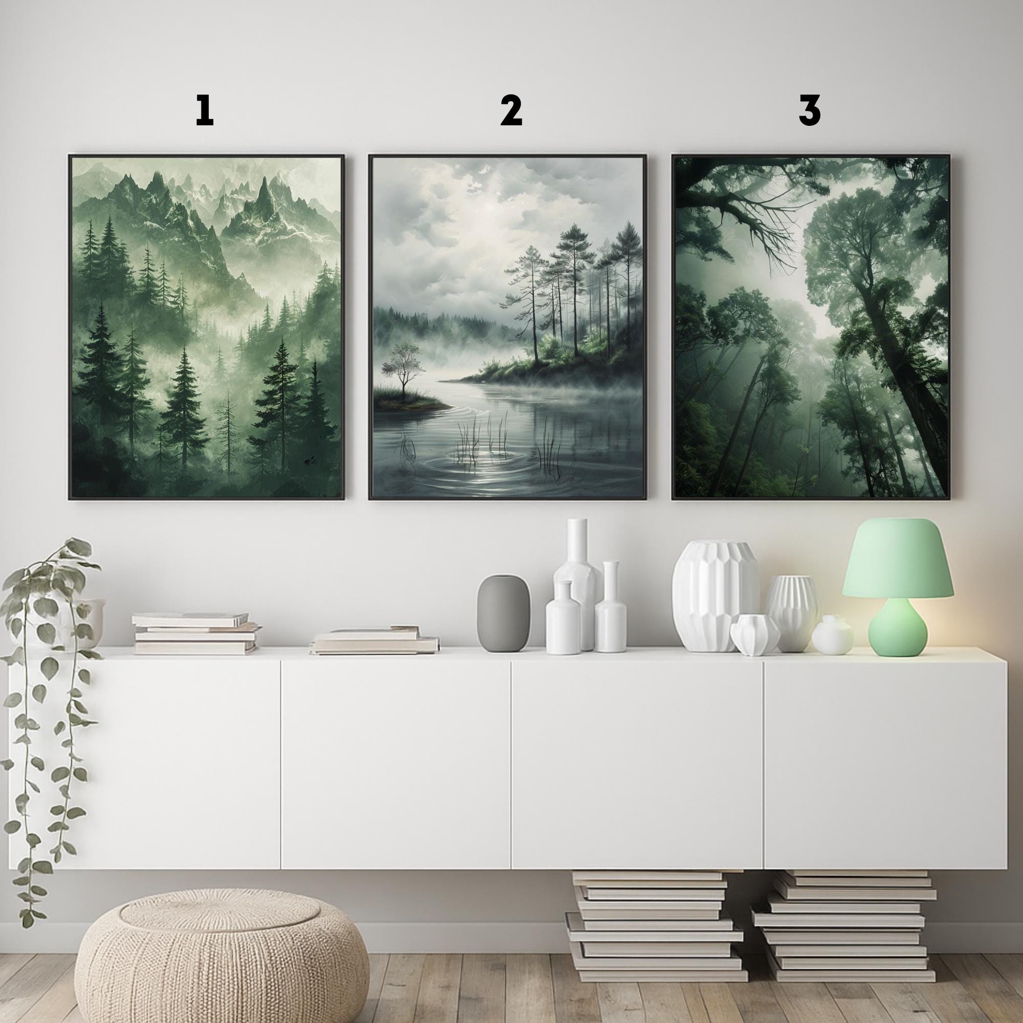 Forest Wall Art Print Set, Set of 3 Forest Wall Art Prints, Misty Woods ...
