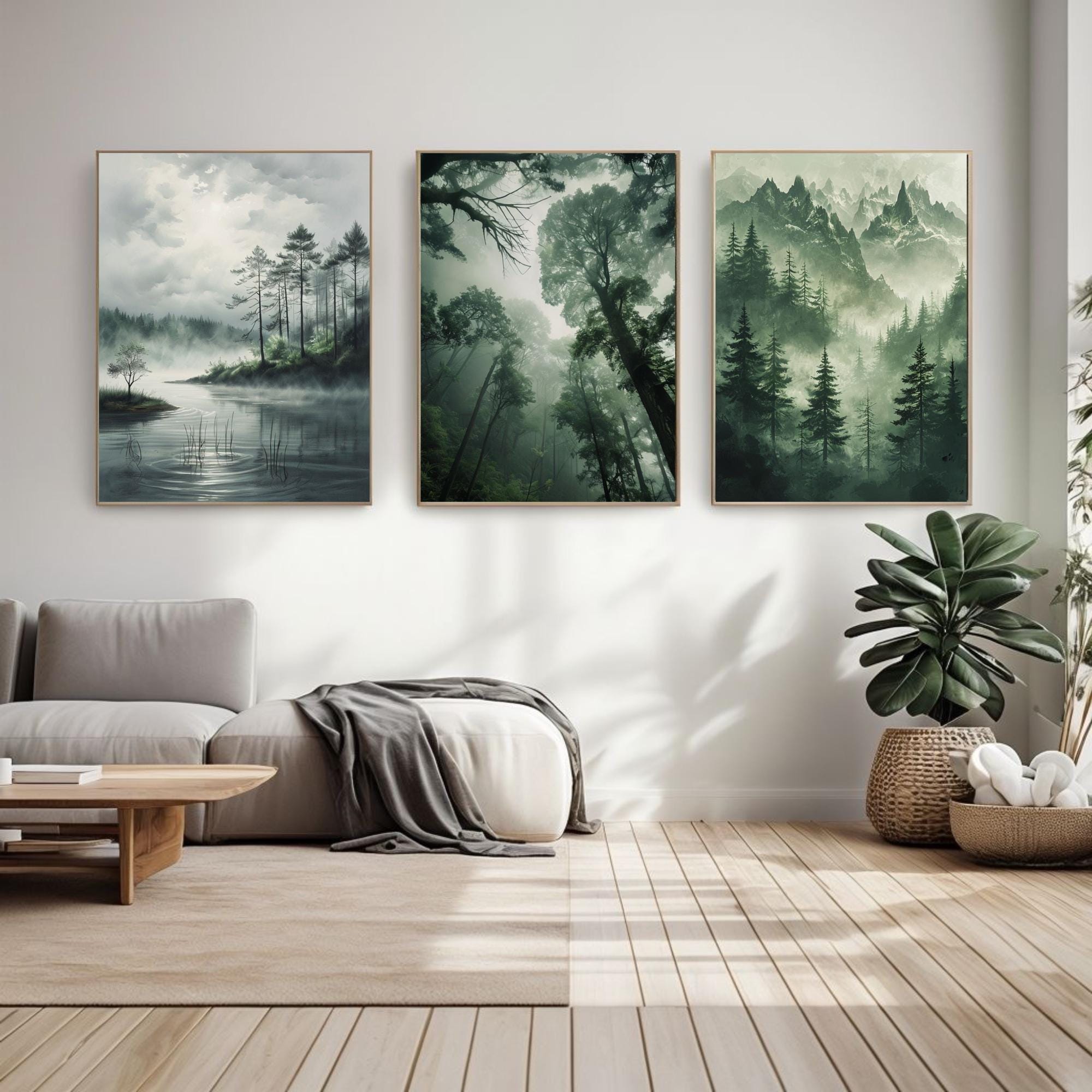 Forest Wall Art Print Set, Set of 3 Forest Wall Art Prints, Misty Woods ...
