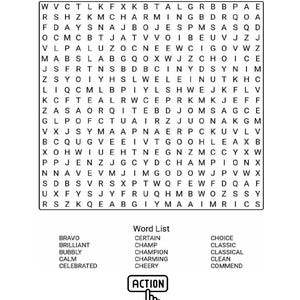 May include: A black and white word search puzzle titled "Positive Word Search 3" with a list of words to find. The word list includes words like "Champion" and "Choice". An "Action" button with a pointing hand is at the bottom.