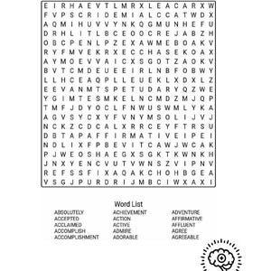 May include: A black and white word search puzzle titled "Positive Word Search 1" with a list of positive words below. The puzzle grid contains a variety of letters. A brain graphic is in the bottom right corner.