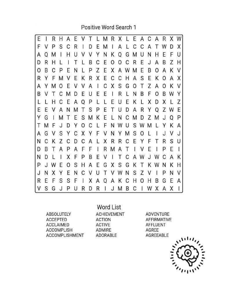 May include: A black and white word search puzzle titled "Positive Word Search 1" with a list of positive words below. The puzzle grid contains a variety of letters. A brain graphic is in the bottom right corner.