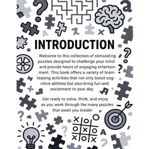 May include: A white book cover with the title "INTRODUCTION" in bold black letters. The cover is decorated with puzzle pieces, question marks, a brain, and other graphic elements in shades of gray. Text on the cover describes the book's contents.