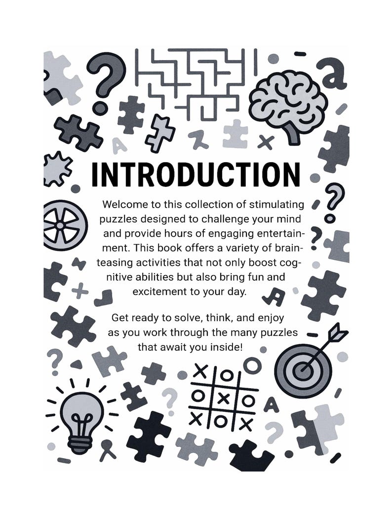 May include: A white book cover with the title "INTRODUCTION" in bold black letters. The cover is decorated with puzzle pieces, question marks, a brain, and other graphic elements in shades of gray. Text on the cover describes the book's contents.