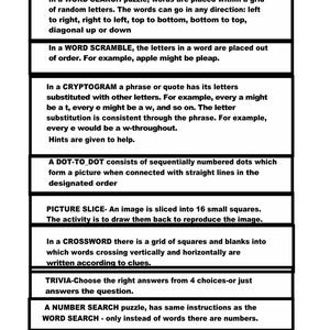 May include: A white rectangular graphic with the title "INSTRUCTIONS" at the top. The graphic lists instructions for various puzzle types, including word search, word scramble, cryptogram, dot-to-dot, picture slice, crossword, trivia, and number search.