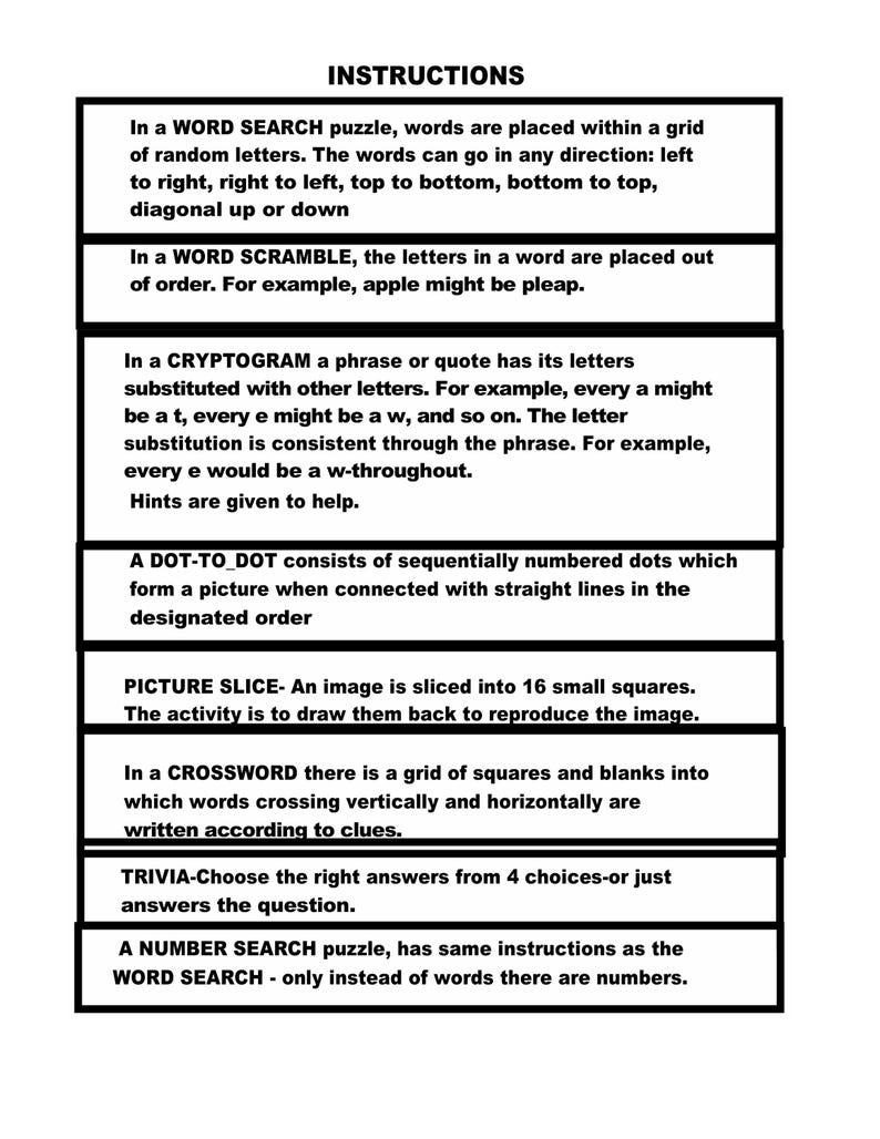 May include: A white rectangular graphic with the title "INSTRUCTIONS" at the top. The graphic lists instructions for various puzzle types, including word search, word scramble, cryptogram, dot-to-dot, picture slice, crossword, trivia, and number search.