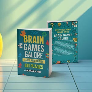 May include: Two books titled "Brain Games Galore" are displayed. The front cover of the first book is teal with colorful puzzle piece graphics and the title in large white letters. The back cover of the second book has the text "Keep Your Mind Sharp With Brain Games Galore".