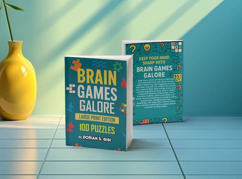 May include: Two books titled "Brain Games Galore" are displayed. The front cover of the first book is teal with colorful puzzle piece graphics and the title in large white letters. The back cover of the second book has the text "Keep Your Mind Sharp With Brain Games Galore".