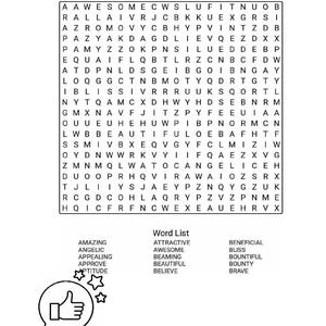 May include: A word search puzzle titled "Positive Word Search 2" with a grid of letters and a word list. The words include "Amazing," "Attractive," and "Beneficial." A thumbs-up icon is in the bottom left corner.